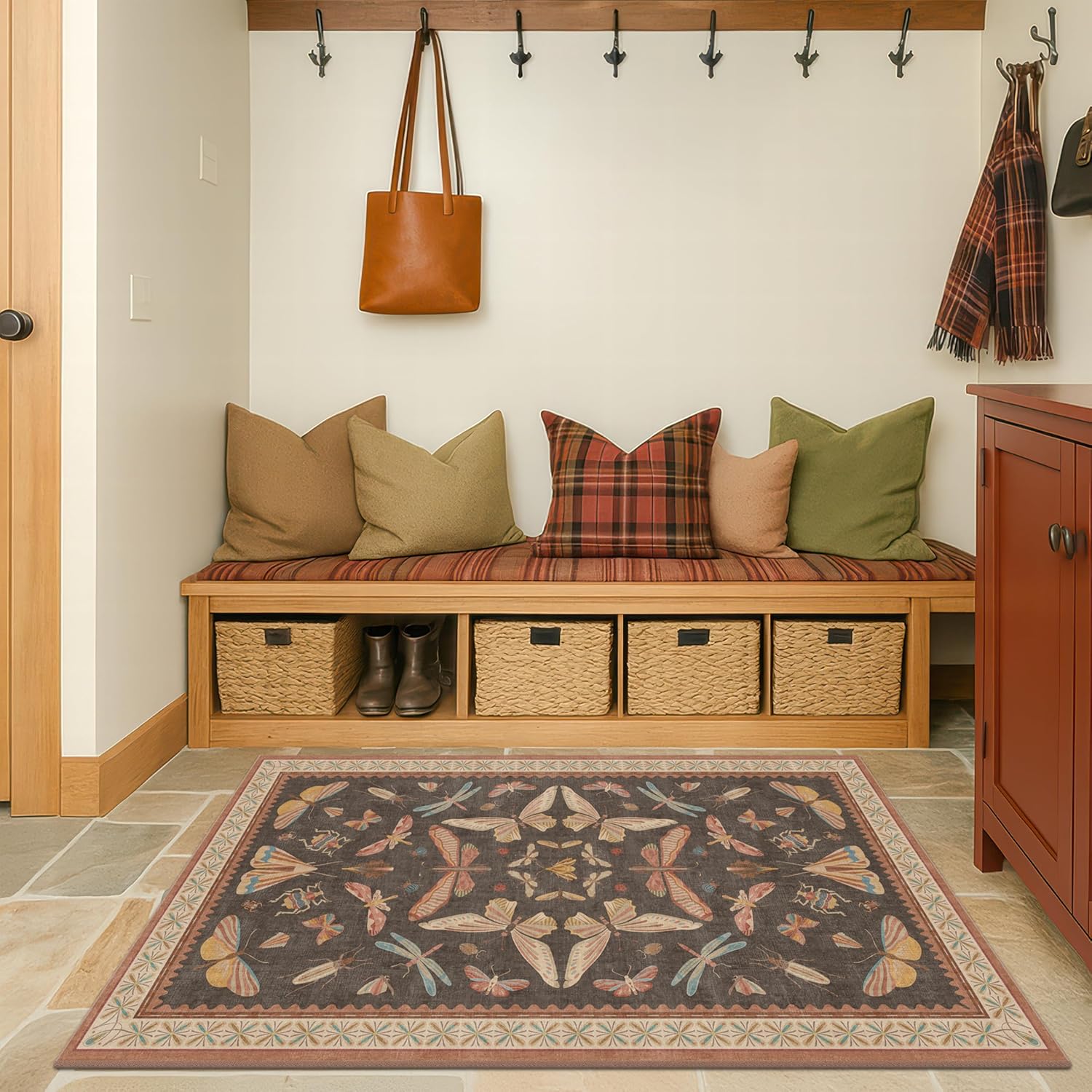 Living Room Rug Black Boho 6x9 - Dining Room Rugs for Under Table, Bedroom, Insect Bug Eclectic Home Décor, Washable Non Slip Foldable