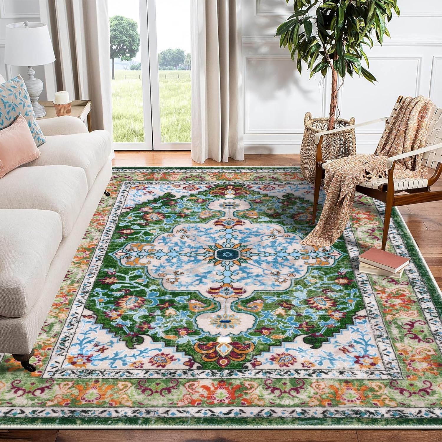 U'Artlines Boho Vintage Area Rug 8x10 Machine Washable Low Pile Soft Floor Carpet Non Slip Non Shedding Accent Rug for Living Room Bedroom Entryway Dining Room Office Cream Tan