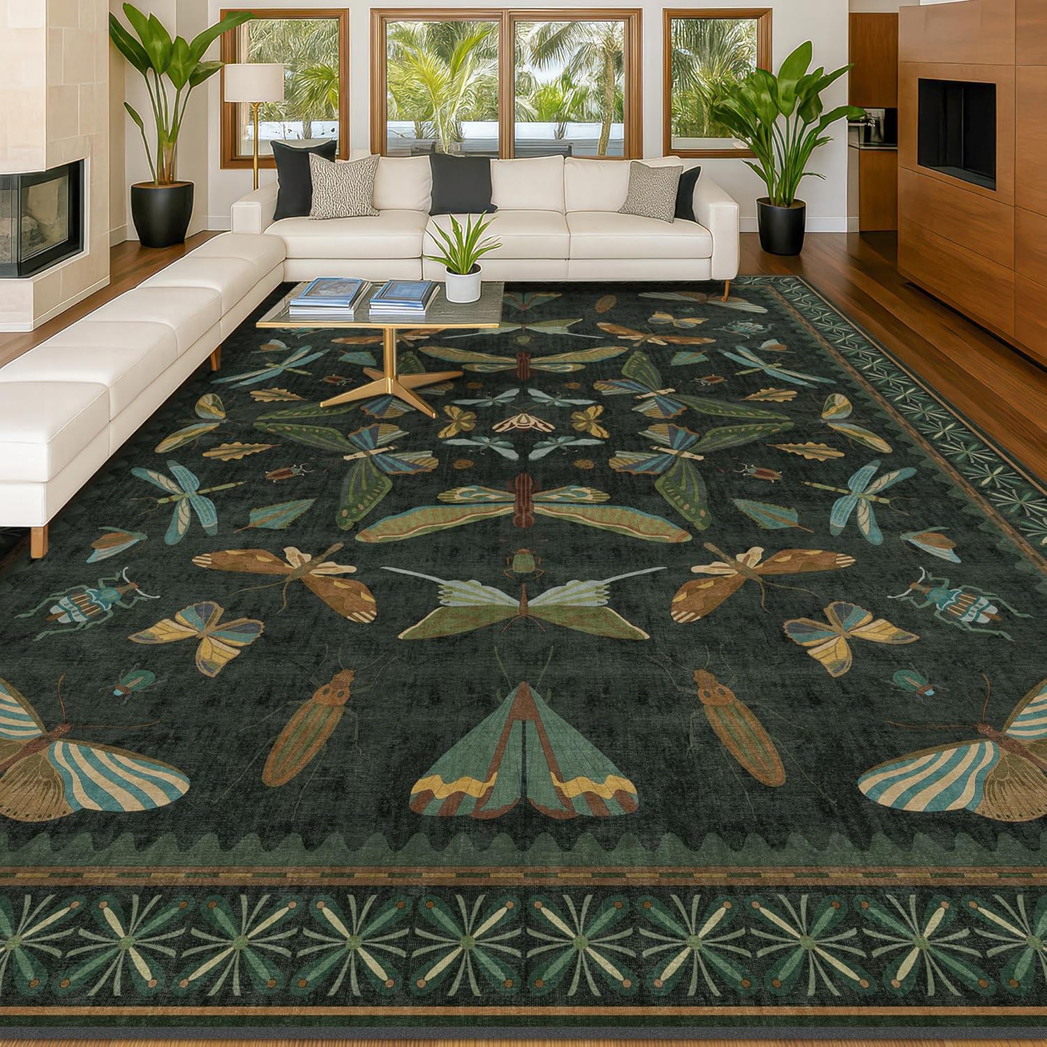 Living Room Rug Black Boho 6x9 - Dining Room Rugs for Under Table, Bedroom, Insect Bug Eclectic Home Décor, Washable Non Slip Foldable