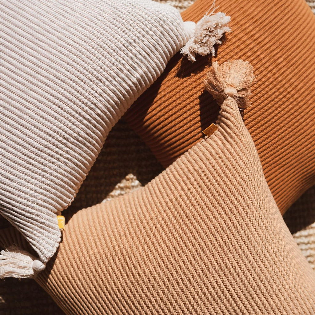 Soft Cotton Throw Pillow Cover in Neutral Beige with Ribbed Knit Texture and Tassel Corners Decorative Accent for Couch or Bed (20x20, Neutral)