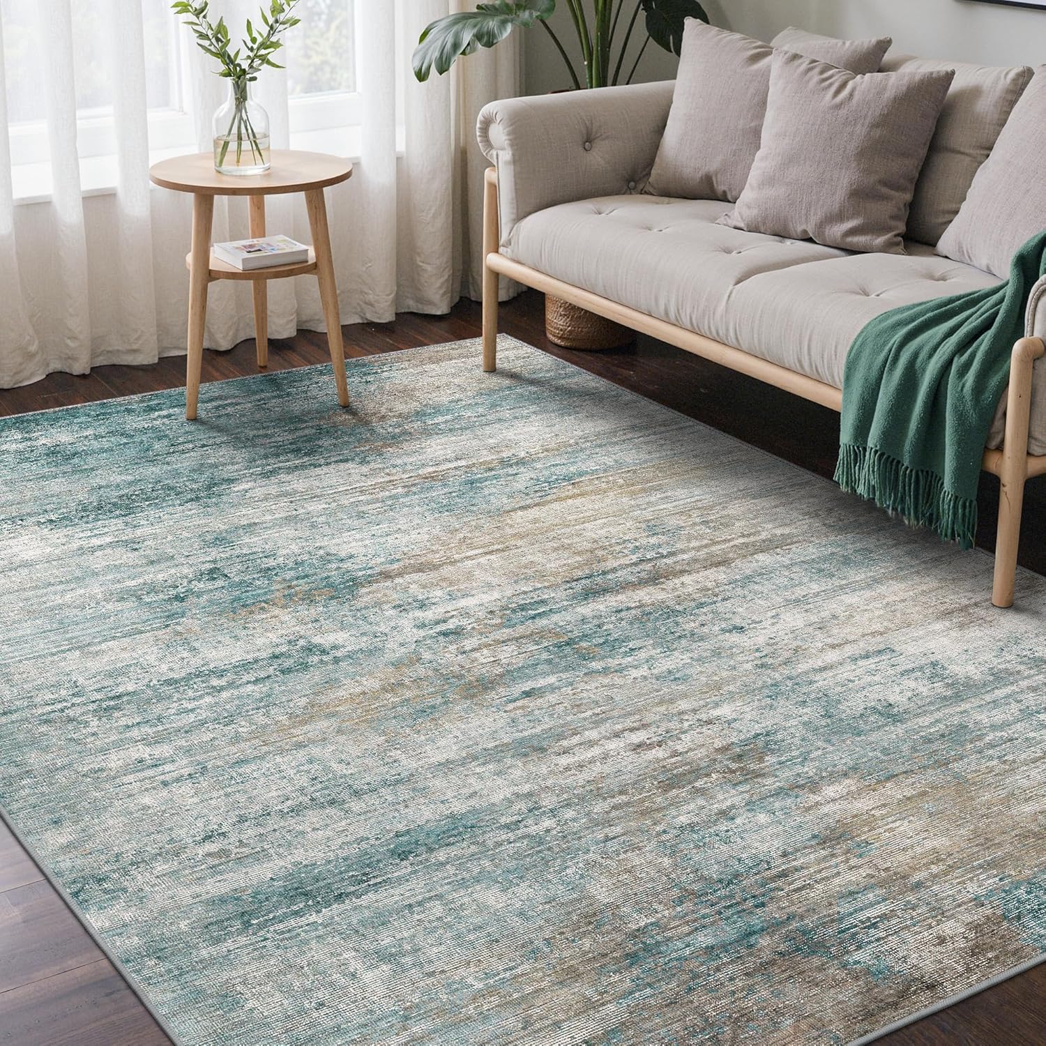 Machine Washable Rug 8x10 Area Rugs for Living Room Bedroom, Large Turquoise Abstract Area Rug Soft Throw Rugs, Low-Pile Floor Carpet with Non Slip Rubber Backing