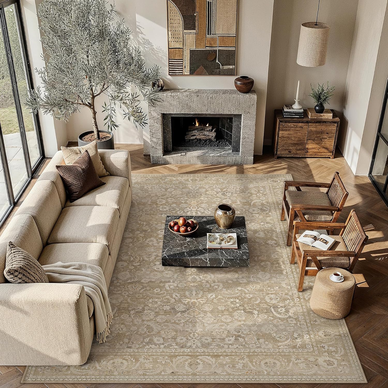 Green 8x10 Area Rug for Living Room Vintage Machine Washable Large Rug Non-Slip Soft Low Pile Carpet Floral Stain Resistant Indoor Office Throw Rug for Bedroom Dining Room Nursery