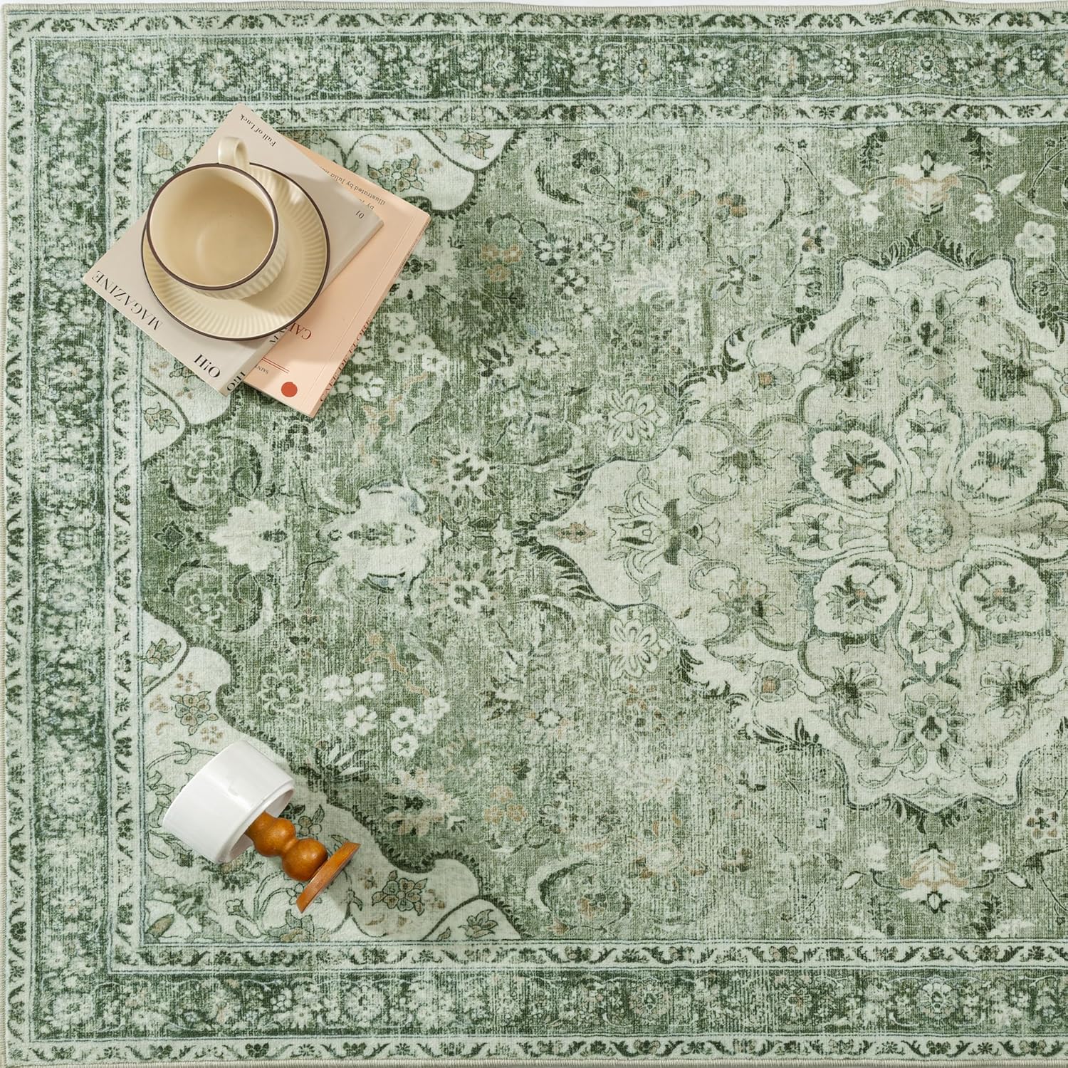 Green 8x10 Area Rug for Living Room Vintage Machine Washable Large Rug Non-Slip Soft Low Pile Carpet Floral Stain Resistant Indoor Office Throw Rug for Bedroom Dining Room Nursery